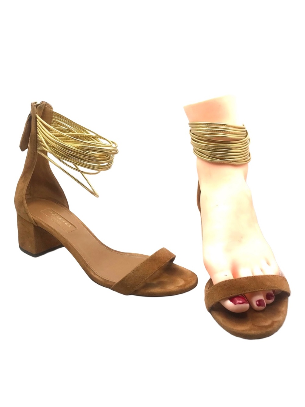 AQUAZZURA TAN SUEDE AND GOLD LEATHER ANKLE STRAPS HEELED SANDALS (36)